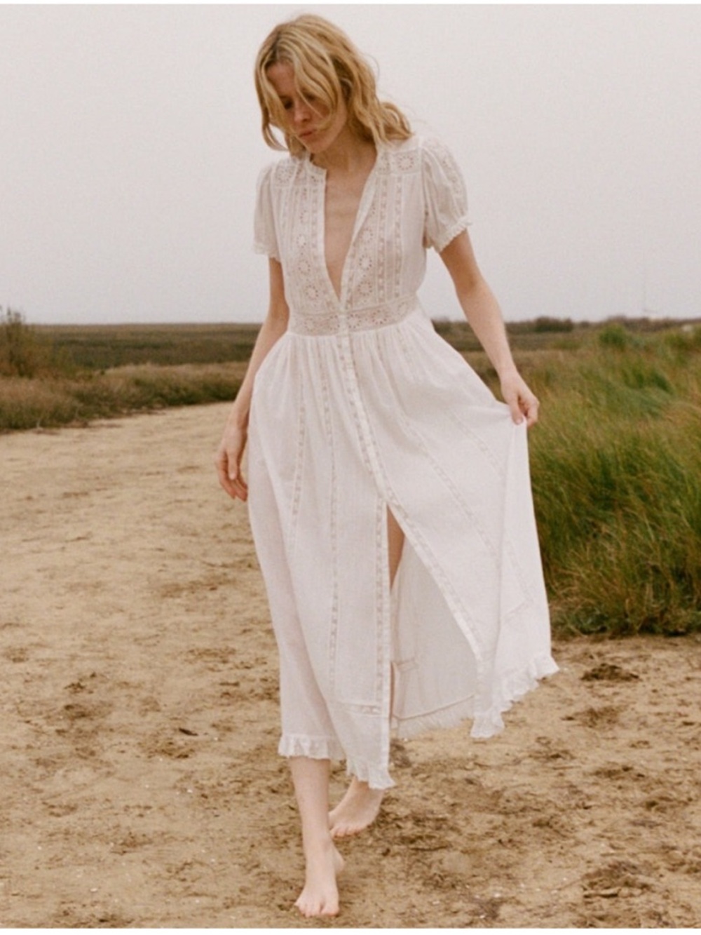 Doen inspired House of Harlow 1960 White Lace Maxi Dress with Puff Sleeves.